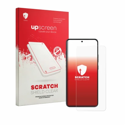 Face avant d’un emballage produit avec le logo de la marque upscreen. À côté, l’appareil Motorola Edge 70 Max est représenté a