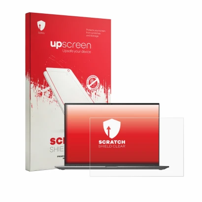 Face avant d’un emballage produit avec le logo de la marque upscreen. À côté, l’appareil LG gram 16Z90TL-G est représenté avec