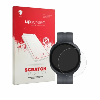 Face avant d’un emballage produit avec le logo de la marque upscreen. À côté, l’appareil Samsung Galaxy Watch 9 (44 mm) est re