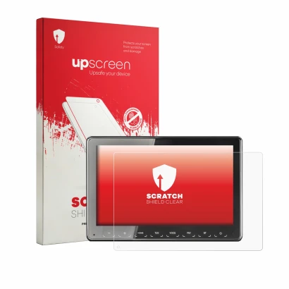 Face avant d’un emballage produit avec le logo de la marque upscreen. À côté, l’appareil Zenec Z-N975 est représenté avec la p