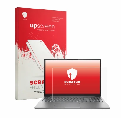 Face avant d’un emballage produit avec le logo de la marque upscreen. À côté, l’appareil HP Zbook X G2i 16" est représenté ave