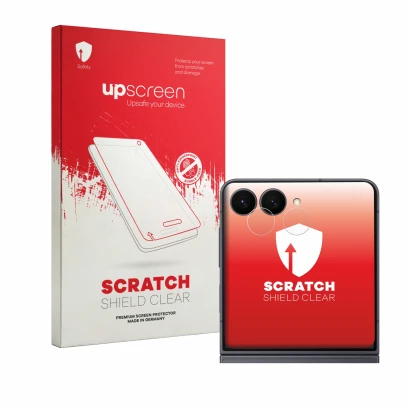 Face avant d’un emballage produit avec le logo de la marque upscreen. À côté, l’appareil Samsung Galaxy Z Flip 8 (Caméra UNIQU