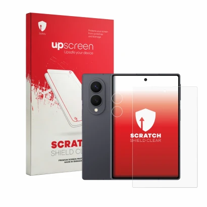 Face avant d’un emballage produit avec le logo de la marque upscreen. À côté, l’appareil Samsung Galaxy Z Fold 8 (Avant+Caméra