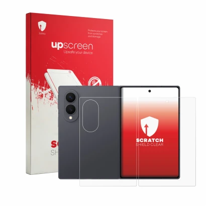 Face avant d’un emballage produit avec le logo de la marque upscreen. À côté, l’appareil Samsung Galaxy Z Fold 8 (Avant+Arrièr