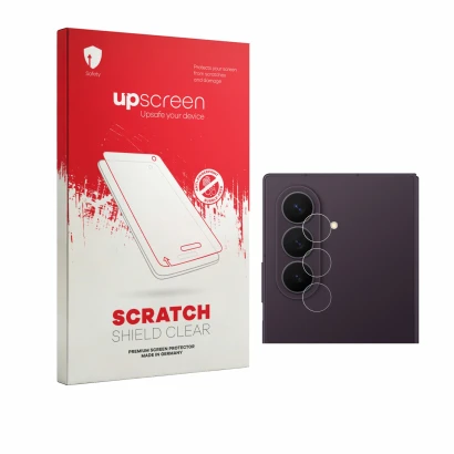 Face avant d’un emballage produit avec le logo de la marque upscreen. À côté, l’appareil Samsung Galaxy Z Fold 8 Ultra (Caméra