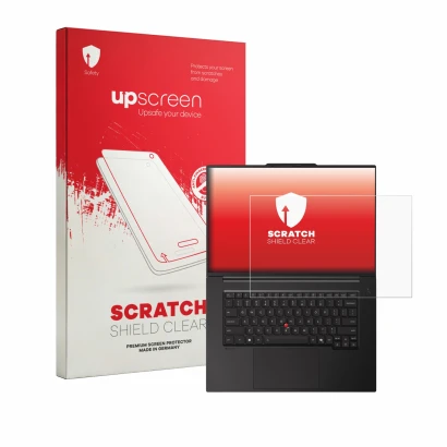 Face avant d’un emballage produit avec le logo de la marque upscreen. À côté, l’appareil Lenovo ThinkPad P1 Gen 9 16" est repr