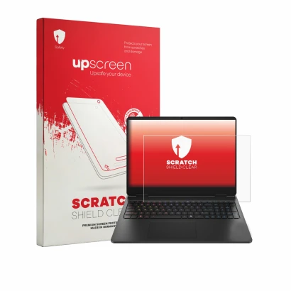 Face avant d’un emballage produit avec le logo de la marque upscreen. À côté, l’appareil HP HyperX Omen 16 est représenté avec