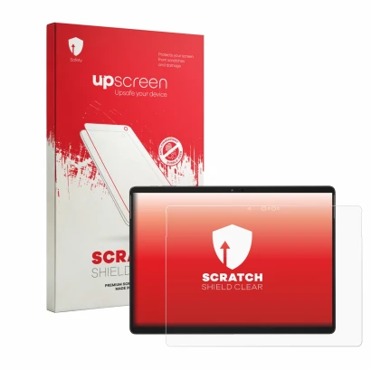 Face avant d’un emballage produit avec le logo de la marque upscreen. À côté, l’appareil Chuwi Hi10 Max 2-in-1 est représenté