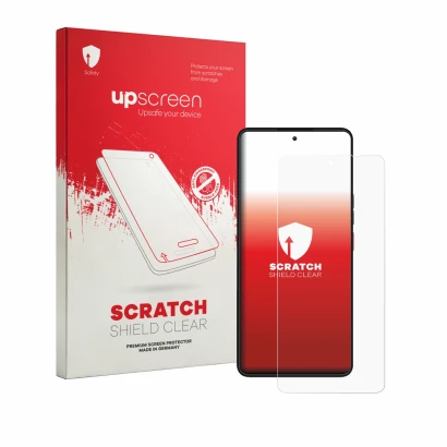Face avant d’un emballage produit avec le logo de la marque upscreen. À côté, l’appareil Volla Phone Plinius Plus est représen