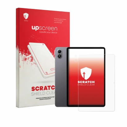 Face avant d’un emballage produit avec le logo de la marque upscreen. À côté, l’appareil Xiaomi Redmi Pad 2 Pro (Avant+Caméra)