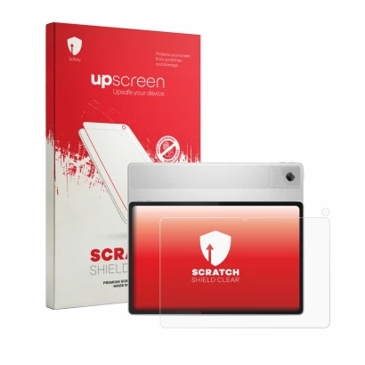 Face avant d’un emballage produit avec le logo de la marque upscreen. À côté, l’appareil Lenovo Idea Tab Plus 12.1" (Avant+Cam