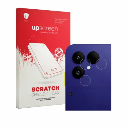Face avant d’un emballage produit avec le logo de la marque upscreen. À côté, l’appareil Fairphone 6 Plus (Caméra UNIQUEMENT)