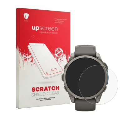 Face avant d’un emballage produit avec le logo de la marque upscreen. À côté, l’appareil Garmin Fenix 9 (47 mm) est représenté