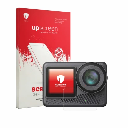 Face avant d’un emballage produit avec le logo de la marque upscreen. À côté, l’appareil Akaso Brave 8 Lite est représenté ave