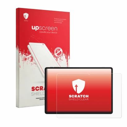 Face avant d’un emballage produit avec le logo de la marque upscreen. À côté, l’appareil TCL Tab A1 Plus NXTPAPER est représen