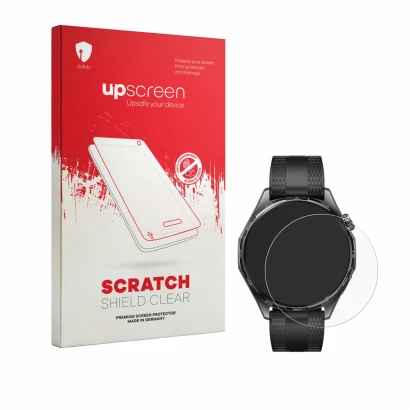 Face avant d’un emballage produit avec le logo de la marque upscreen. À côté, l’appareil Huawei Watch GT 7 (46 mm) est représe
