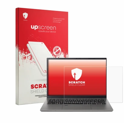 Face avant d’un emballage produit avec le logo de la marque upscreen. À côté, l’appareil Acer TravelMate X2 14 est représenté