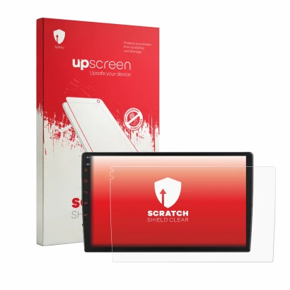 Face avant d’un emballage produit avec le logo de la marque upscreen. À côté, l’appareil Junsun V1 Plus 9" est représenté avec