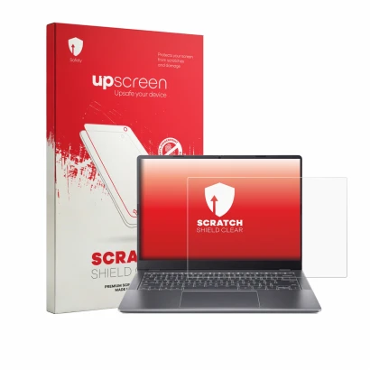 Face avant d’un emballage produit avec le logo de la marque upscreen. À côté, l’appareil Acer Chromebook Plus Enterprise 514 e