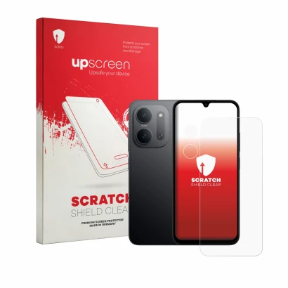Face avant d’un emballage produit avec le logo de la marque upscreen. À côté, l’appareil Xiaomi Redmi 17C 5G (Avant+Caméra) es