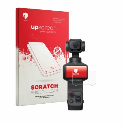 Face avant d’un emballage produit avec le logo de la marque upscreen. À côté, l’appareil Insta360 Luna Pro est représenté avec