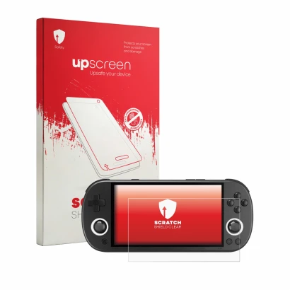 Face avant d’un emballage produit avec le logo de la marque upscreen. À côté, l’appareil Trimui Smart Pro est représenté avec