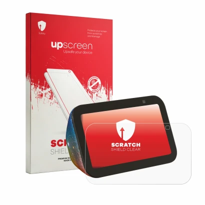 Face avant d’un emballage produit avec le logo de la marque upscreen. À côté, l’appareil Amazon Echo Show 5 Kids est représent
