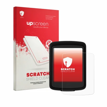 Face avant d’un emballage produit avec le logo de la marque upscreen. À côté, l’appareil Bryton GO est représenté avec la prot