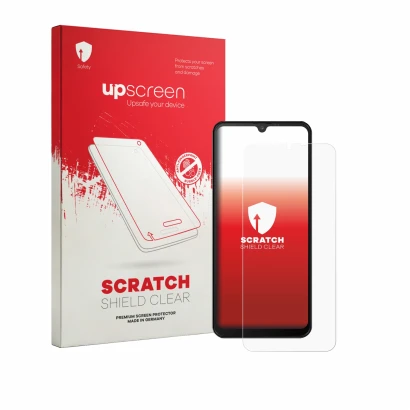 Face avant d’un emballage produit avec le logo de la marque upscreen. À côté, l’appareil Invens Note 15P est représenté avec l