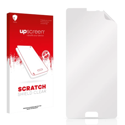Face avant d’un emballage produit avec le logo de la marque upscreen. À côté se trouve la protection d’écran correspondante.