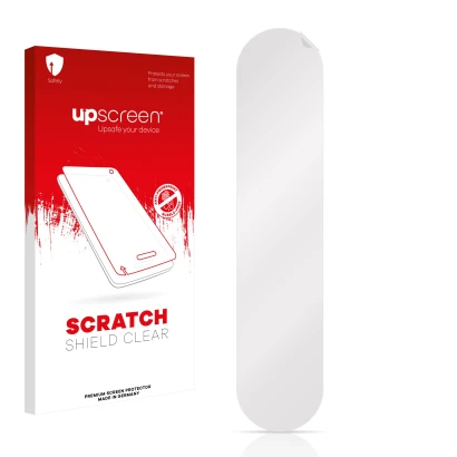 Face avant d’un emballage produit avec le logo de la marque upscreen. À côté se trouve la protection d’écran correspondante.