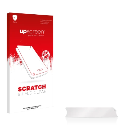 Face avant d’un emballage produit avec le logo de la marque upscreen. À côté se trouve la protection d’écran correspondante.