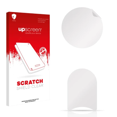 Face avant d’un emballage produit avec le logo de la marque upscreen. À côté se trouve la protection d’écran correspondante.