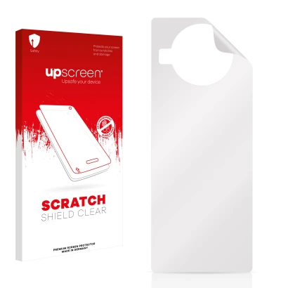Face avant d’un emballage produit avec le logo de la marque upscreen. À côté se trouve la protection d’écran correspondante.