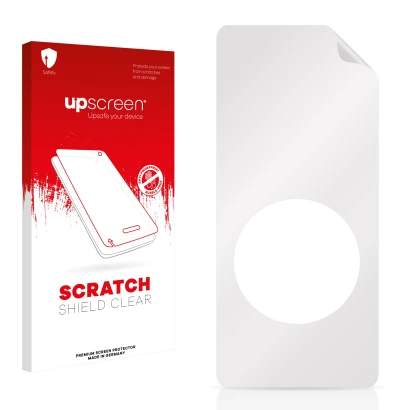 Face avant d’un emballage produit avec le logo de la marque upscreen. À côté se trouve la protection d’écran correspondante.