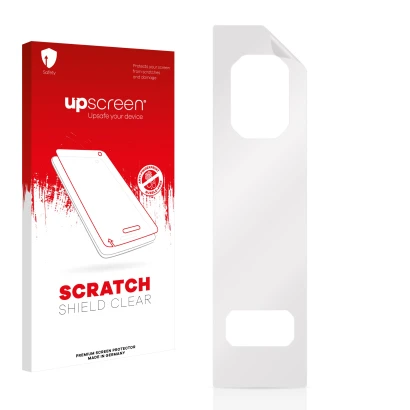 Face avant d’un emballage produit avec le logo de la marque upscreen. À côté se trouve la protection d’écran correspondante.