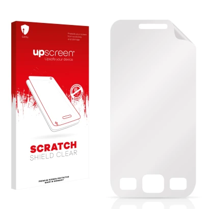 Face avant d’un emballage produit avec le logo de la marque upscreen. À côté se trouve la protection d’écran correspondante.