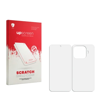 Face avant d’un emballage produit avec le logo de la marque upscreen. À côté se trouve la protection d’écran correspondante.