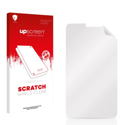 Face avant d’un emballage produit avec le logo de la marque upscreen. À côté se trouve la protection d’écran correspondante.