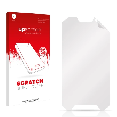 Face avant d’un emballage produit avec le logo de la marque upscreen. À côté se trouve la protection d’écran correspondante.