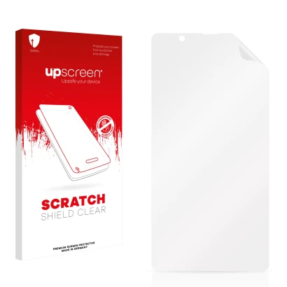 Face avant d’un emballage produit avec le logo de la marque upscreen. À côté se trouve la protection d’écran correspondante.