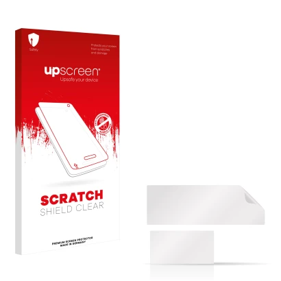 Face avant d’un emballage produit avec le logo de la marque upscreen. À côté se trouve la protection d’écran correspondante.
