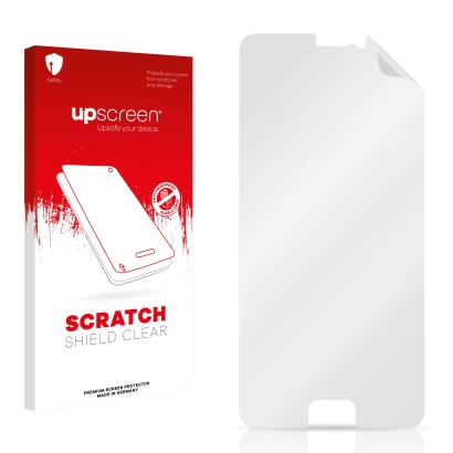 Face avant d’un emballage produit avec le logo de la marque upscreen. À côté se trouve la protection d’écran correspondante.