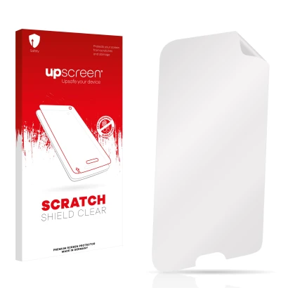 Face avant d’un emballage produit avec le logo de la marque upscreen. À côté se trouve la protection d’écran correspondante.