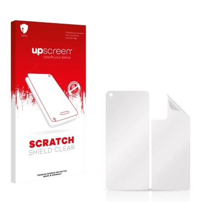 Face avant d’un emballage produit avec le logo de la marque upscreen. À côté se trouve la protection d’écran correspondante.