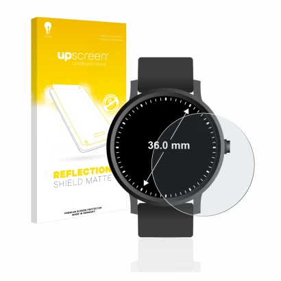 Face avant d’un emballage produit avec le logo de la marque upscreen. À côté, l’appareil Montres (Circulaire, ø: 36 mm) est re
