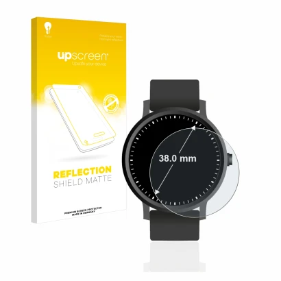 Face avant d’un emballage produit avec le logo de la marque upscreen. À côté, l’appareil Montres (Circulaire, ø: 38 mm) est re