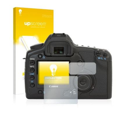 Face avant d’un emballage produit avec le logo de la marque upscreen. À côté, l’appareil Canon EOS 5D est représenté avec la p