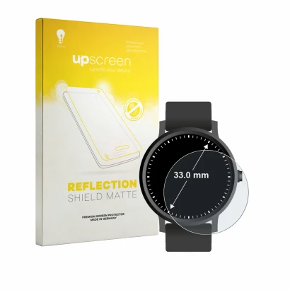 Face avant d’un emballage produit avec le logo de la marque upscreen. À côté, l’appareil Montres (Circulaire, ø: 33 mm) est re