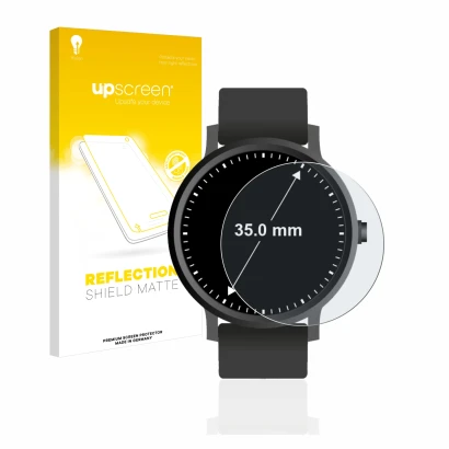 Face avant d’un emballage produit avec le logo de la marque upscreen. À côté, l’appareil Montres (Circulaire, ø: 35 mm) est re